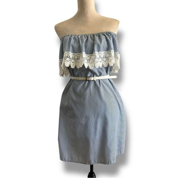 Urbanology Blue Striped Off-Shoulder Sundress with Lace Trim, Medium - Picture 2 of 8